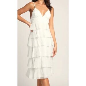 LULU'S Tier to You White Swiss Dot Tiered Sleeveless Midi Dress